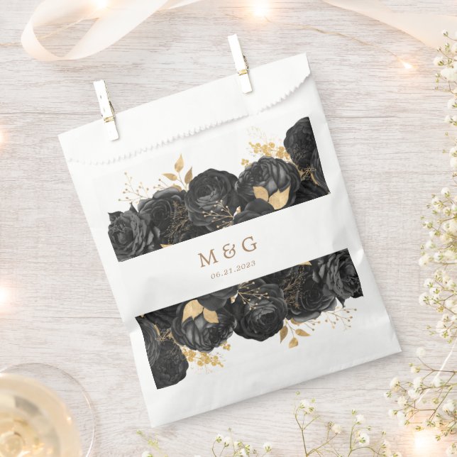 Watercolor Gold Black Roses Monogram Wedding Favour Bag (Clipped)