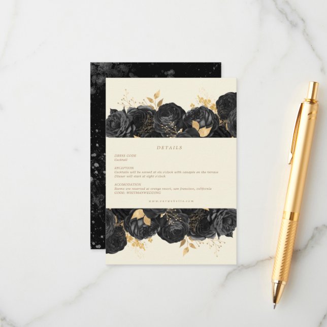 Watercolor Gold Black Roses Reception Details card (Front/Back In Situ)