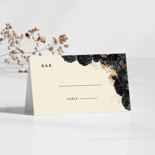 Watercolor Gold Black Roses Wedding Place Card (Creator Uploaded)