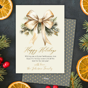 Watercolor Gold Bow Foliage Beige Christmas Holiday Card