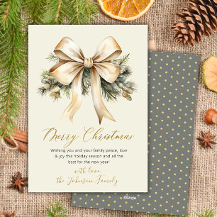 Watercolor Gold Bow Foliage Beige Merry Christmas Holiday Card