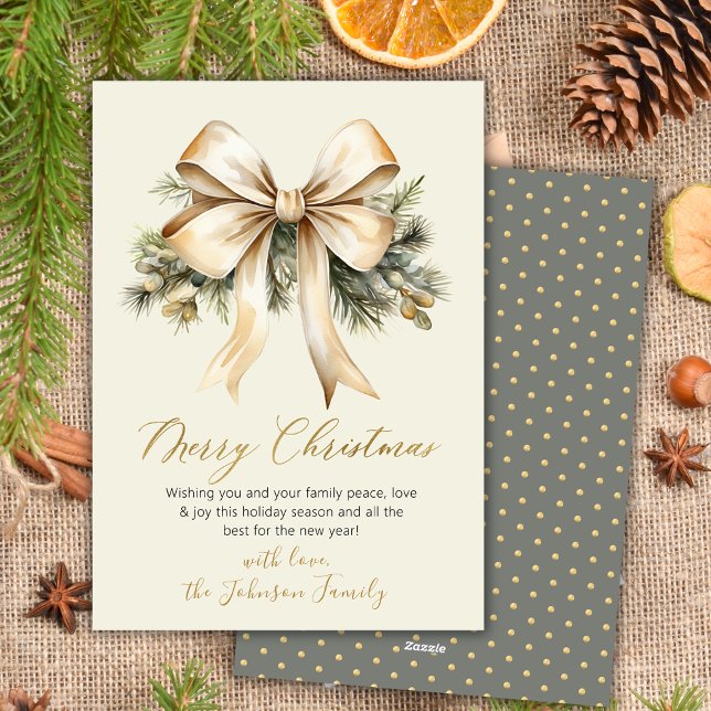 Watercolor Gold Bow Foliage Beige Merry Christmas Holiday Card (Creator Uploaded)