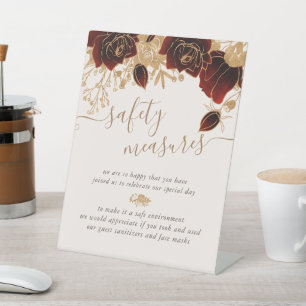 Watercolor Gold Burgundy Roses Safety Measures Pedestal Sign