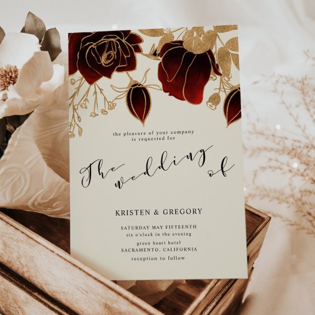 Watercolor Gold Burgundy Roses Wedding Invitation (Creator Uploaded)