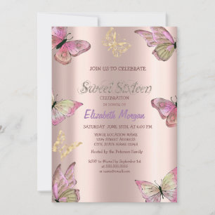 Watercolor Gold Butterflies Rose Gold Sweet 16 Invitation
