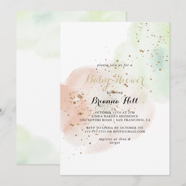 Watercolor Gold Confetti Baby Shower  Invitation (Front/Back)