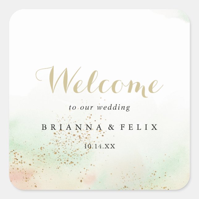 Watercolor Gold Confetti Wedding Welcome  Square Sticker (Front)