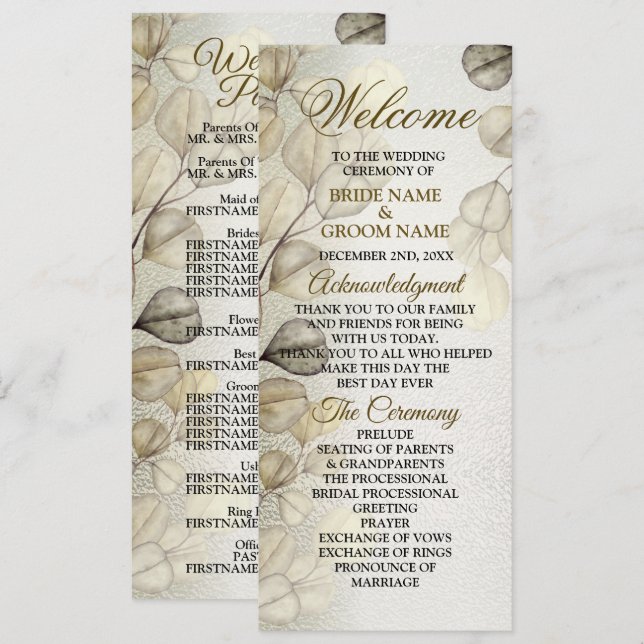 Watercolor Gold Eucalyptus Foliage Wedding Shiny Program (Front/Back)
