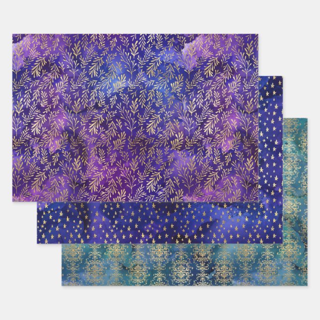 Watercolor Gold Floral & Starry Patterns Wrapping Paper Sheet (Set)