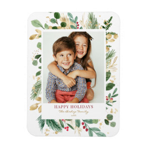 Watercolor Gold Foil Greenery and Holly Photo Magnet