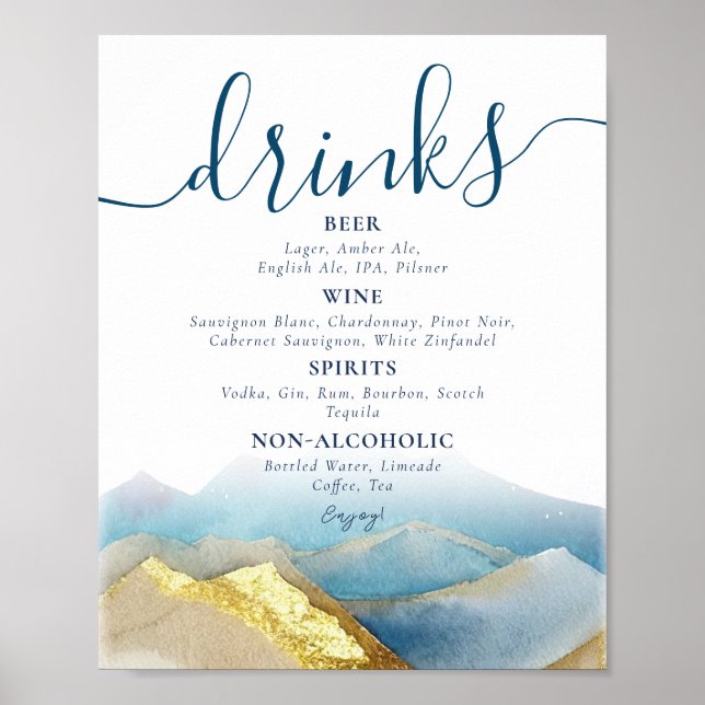 Watercolor Gold Foil Mountains Wedding Drinks Menu Poster (Front)