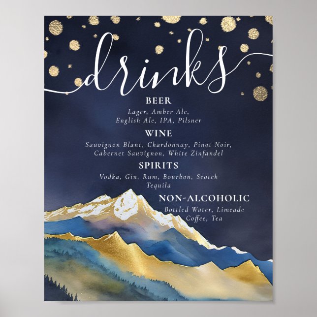 Watercolor Gold Foil Mountains Wedding Drinks Menu Poster (Front)