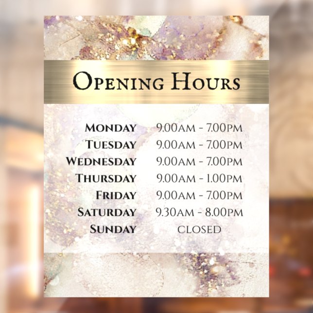 Watercolor Gold Foil Opening Hours Window Cling (Sheet 2)