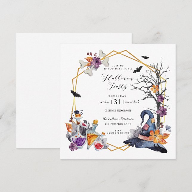 Watercolor Gold Frame Halloween Party Invitation (Front/Back)