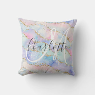 Watercolor gold glitter agate monogram throw pillow
