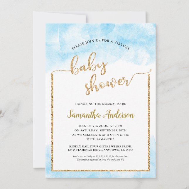 Watercolor Gold Glitter Virtual Baby Boy Shower Invitation (Front)