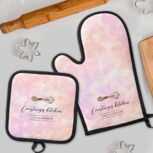 Watercolor Gold Glitter Whisk Bakery Chef Cute Oven Mitt & Pot Holder Set