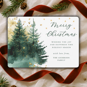 Watercolor Gold Green Forest Christmas Holiday Card