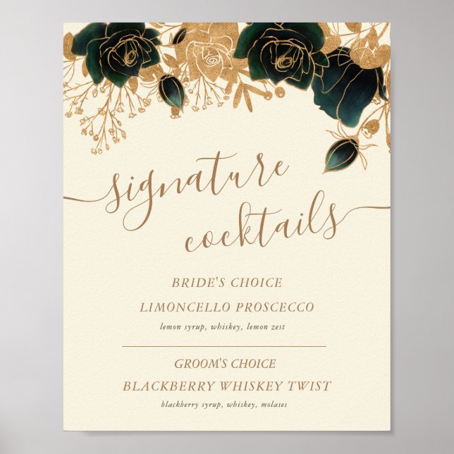 Watercolor Gold green roses cocktail Sign (Front)