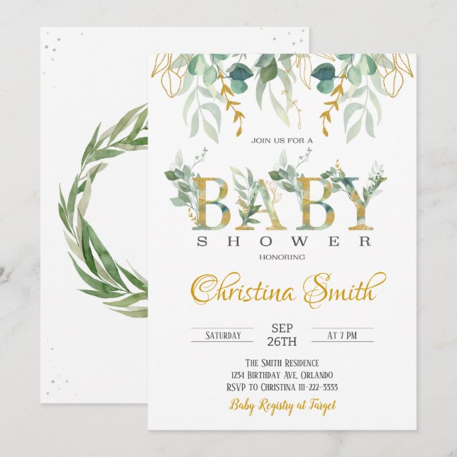 Watercolor Gold Greenery Baby Shower Invitation (Front/Back)