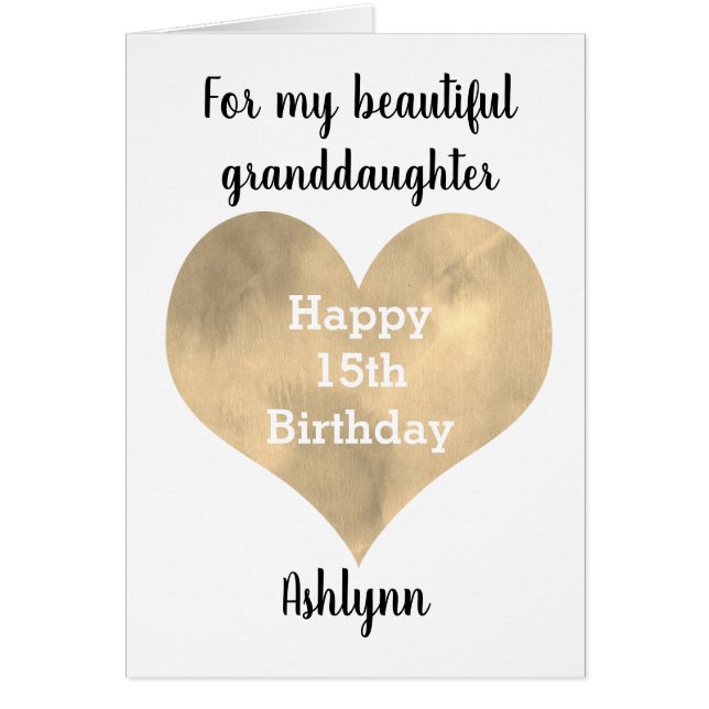 Watercolor Gold Heart 15th Birthday Granddaughter (Devant)