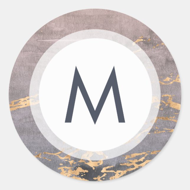 Watercolor & Gold Monogram Wedding Classic Round Sticker (Front)