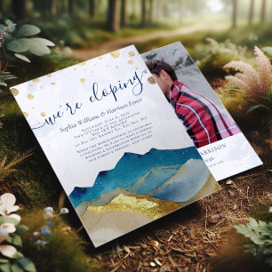 Watercolor Gold Mountains Photo Wedding Elopement Invitation