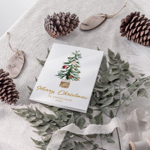 Watercolor Gold Ornaments Tree Merry Christmas Holiday Card