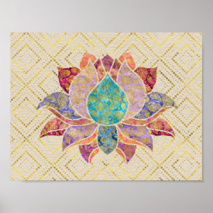 Watercolor & Gold paisley decorated lotus Poster
