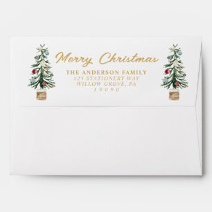 Watercolor Gold Pine Tree Merry Christmas    Envelope