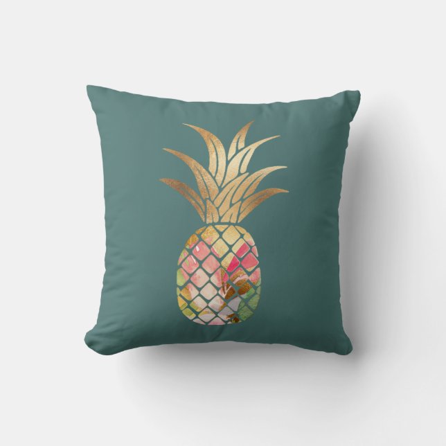 Watercolor Gold Pineapple Throw Pillow (Front)