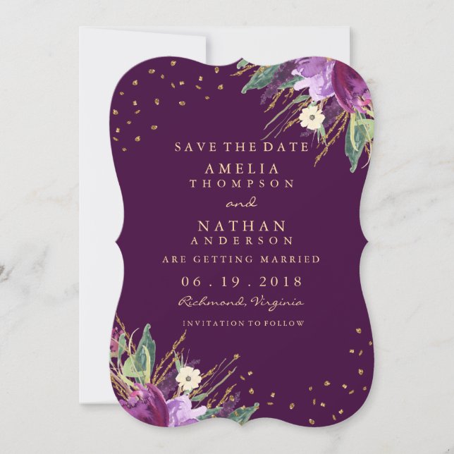 Watercolor Gold Purple Flower Save The Date (Front)