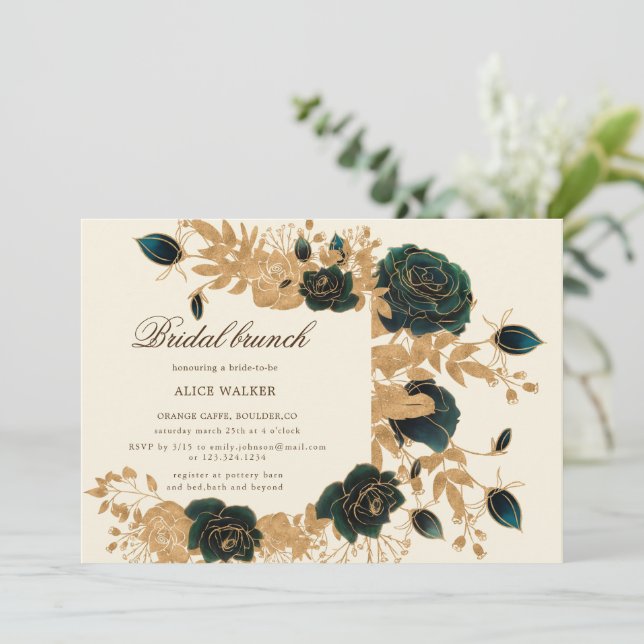 Watercolor Gold Rose Bridal Brunch Invitation (Debout devant)