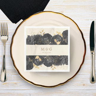 Watercolor Gold Roses Monogram Wedding Napkin