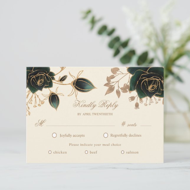 Watercolor Gold Roses RSVP Meal Choice Card (Standing Front)