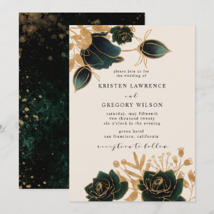 Watercolor Gold roses Wedding Invitation