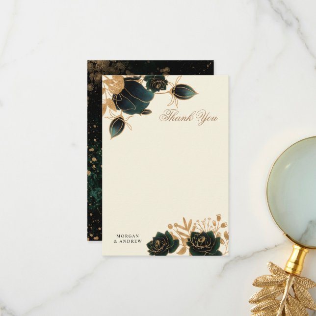 Watercolor Gold Roses Wedding Thank You Card (Front/Back In Situ)