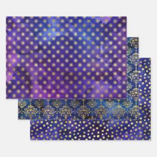 Watercolor Gold Starry & Damask Patterns Wrapping Paper Sheet
