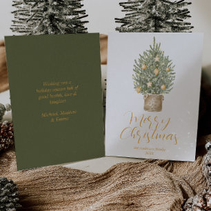 Watercolor Gold Whimsical Tree Merry Christmas Holiday Card