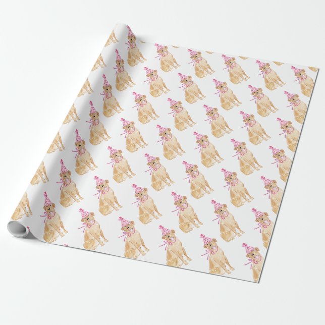Watercolor Golden Dog Pattern Birthday Hat Fun Wrapping Paper (Unrolled)