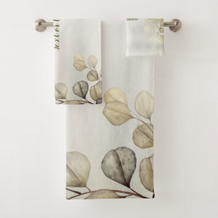 Watercolor Golden Eucalyptus Foliage Shiny Elegant Bath Towel Set