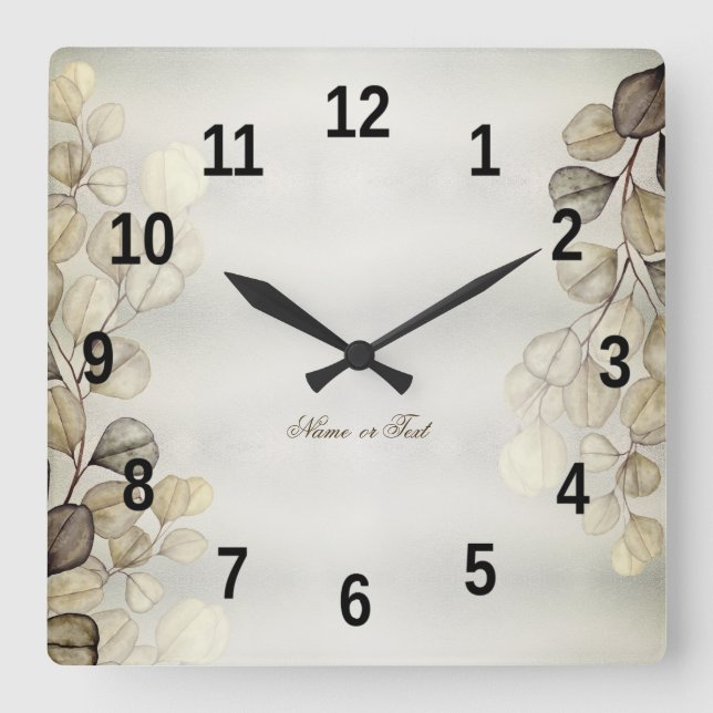 Watercolor Golden Eucalyptus Foliage Shiny Elegant Square Wall Clock (Front)