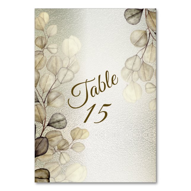 Watercolor Golden Eucalyptus Foliage Wedding Shiny Table Number (Front)