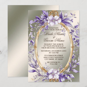 Watercolor Golden Frame Purple Flowers Wedding Invitation