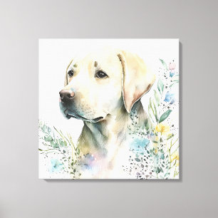 Watercolor Golden Labrador Retriever and Flowers Canvas Print