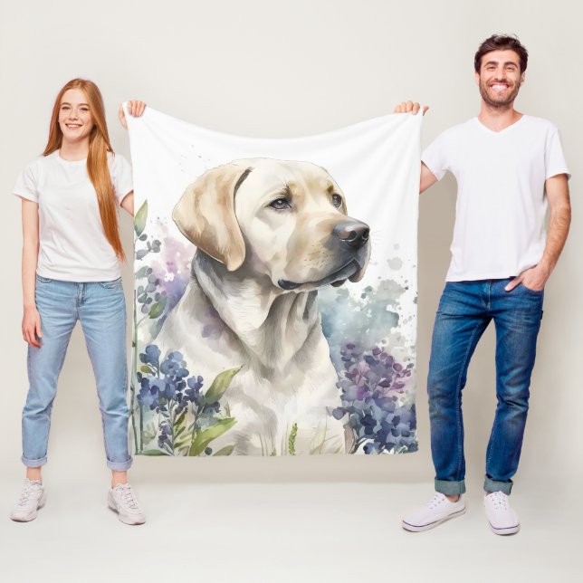 Watercolor Golden Labrador Retriever and Flowers Fleece Blanket (In Situ)