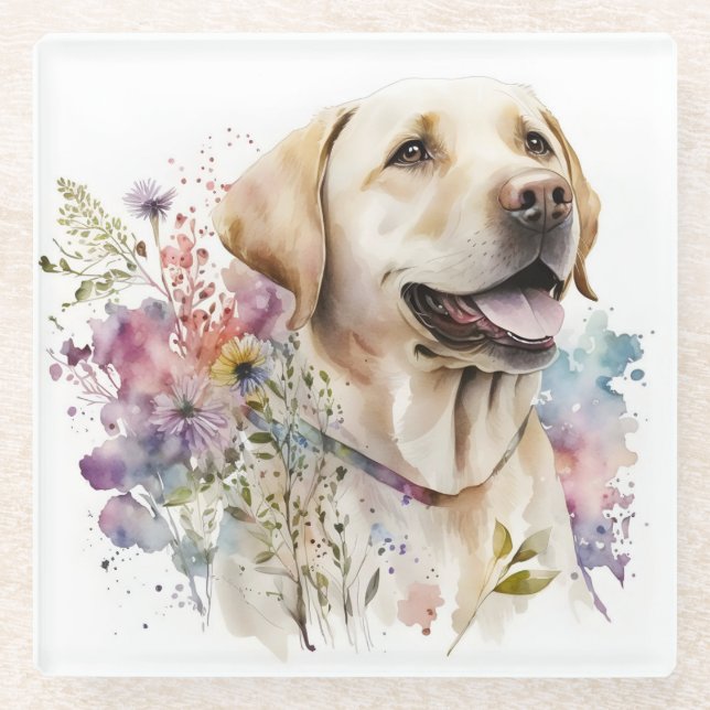 Watercolor Golden Labrador Retriever and Flowers Glass Coaster (Front)