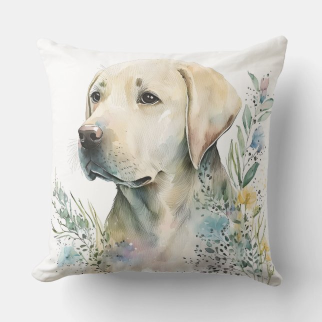 Watercolor Golden Labrador Retriever and Flowers Throw Pillow (Front)