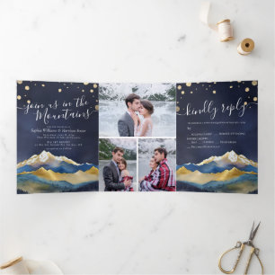 Watercolor Golden Mountains Photo Collage Wedding  Tri-Fold Invitation