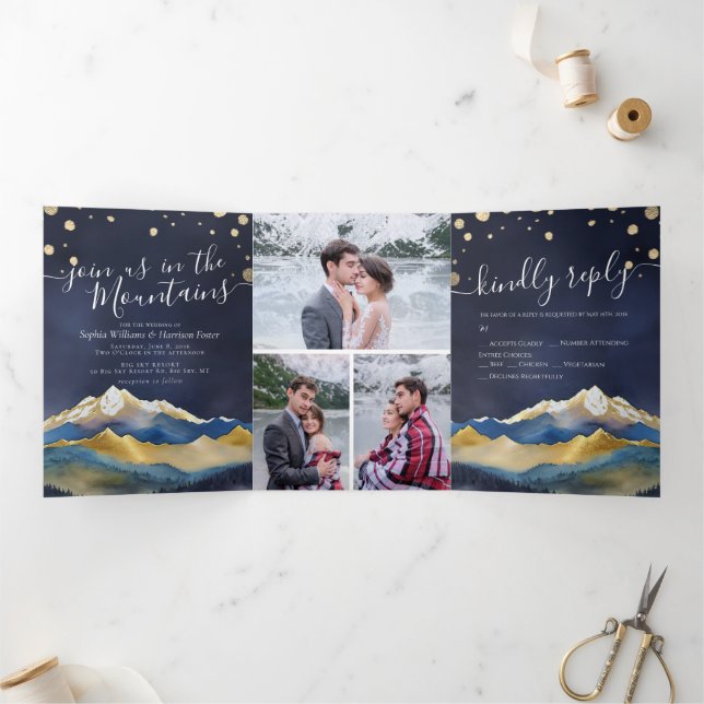 Watercolor Golden Mountains Photo Collage Wedding  Tri-Fold Invitation (Inside)